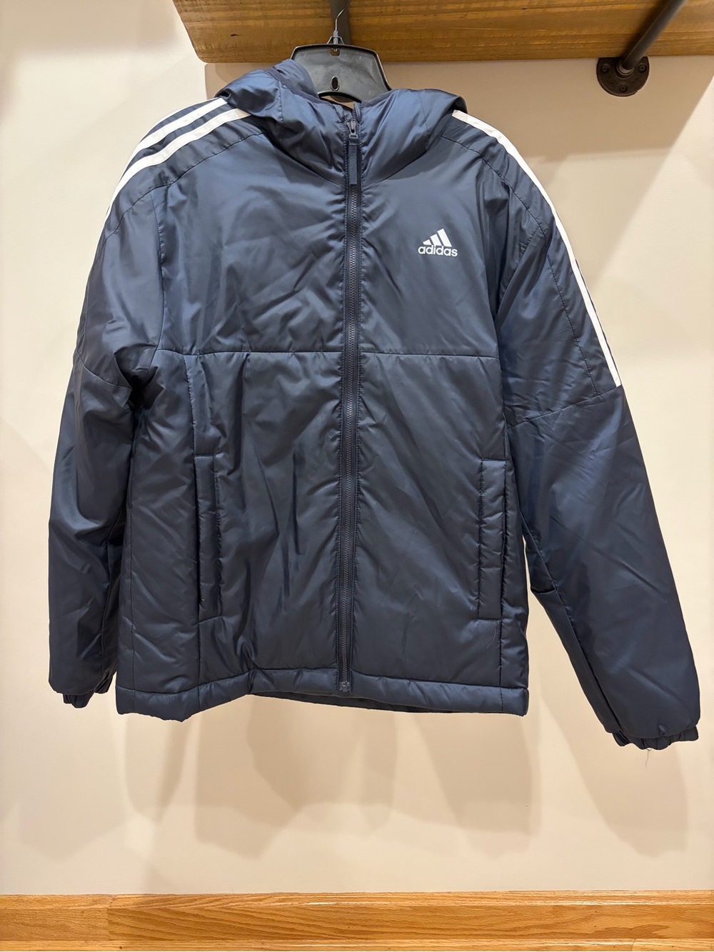 NEW Adidas Mens Small blue Hooded Puffer Jacket 3 stripe lightweight winter coat